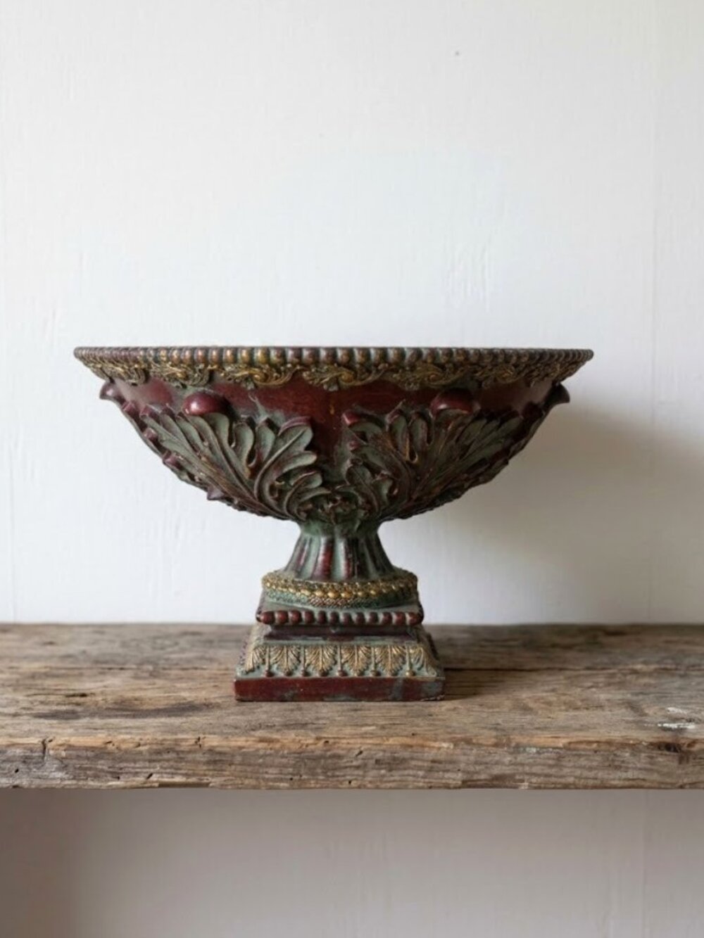 Antique Style Ornate Pedestal Planter Urn Footed Bowl Red Gold Verdigris Leaves